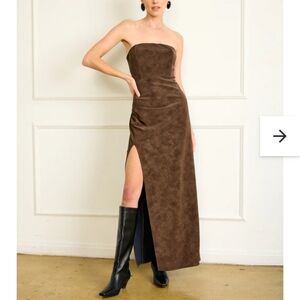 Line & Dot Strapless Brown Suede Maxi Dress with Thigh Slit
